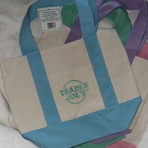 Trader Joes Mini Pastel Canvas Tote Bag (Blue and Cream)